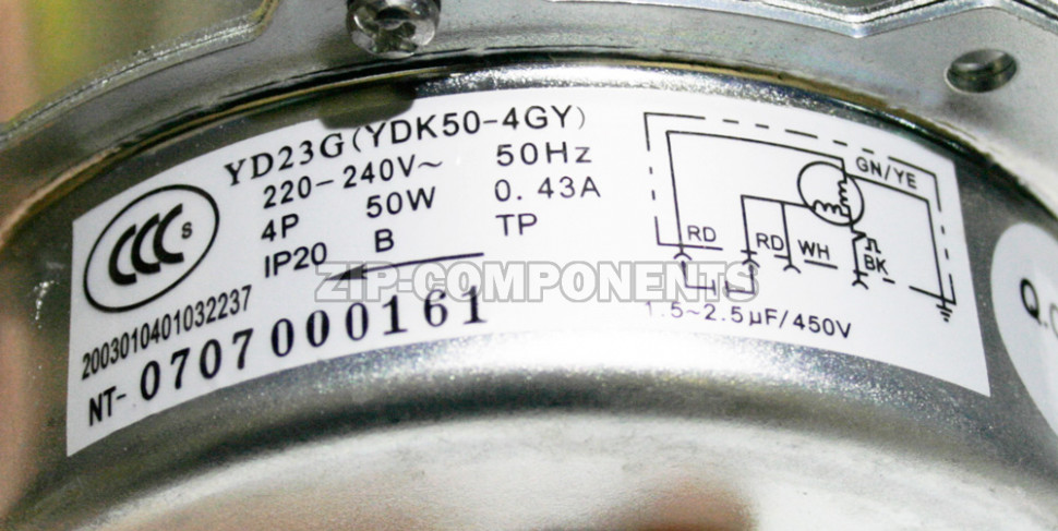 Двигатель вентилятора внешнего блока сплит-системы YD23G (YDK50-4GY) 220-240V 50Hz 4P 50W 0.43A, D-97мм, Н-68мм, Вал (D-8мм, Н-43мм)