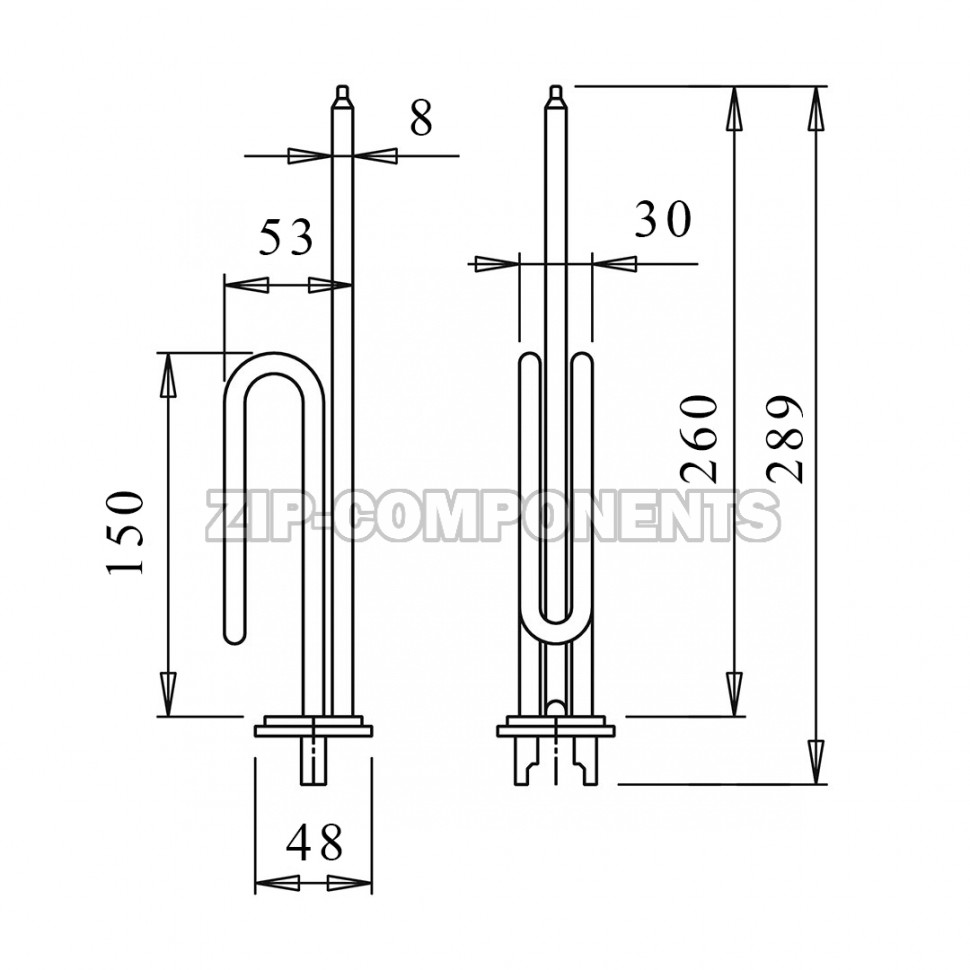 ТЭН Unival для водонагревателя (RCF, 1500W, D48, Без анода, L260) изогнутый Италия